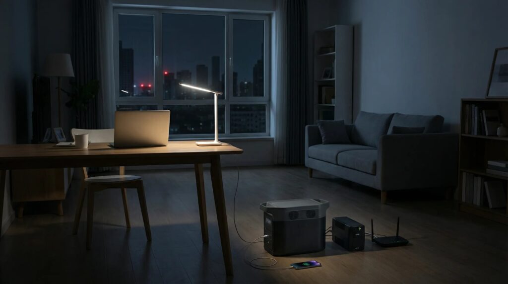 UPS and portable power station powering an apartment during a power outage