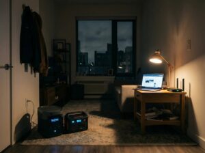 Portable power stations running essential devices in an apartment during a power outage