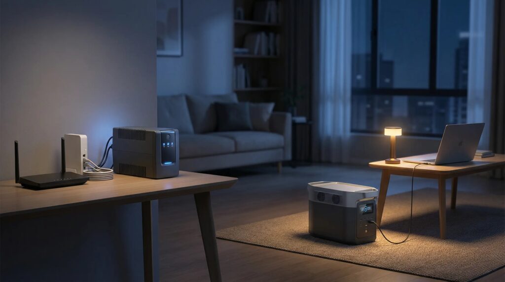 UPS vs portable power stations comparison for apartment power outages, showing backup power options during a blackout in a modern apartment.