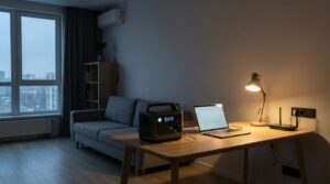 Apartment power outage showing portable power station keeping Wi-Fi, laptop, and lighting running