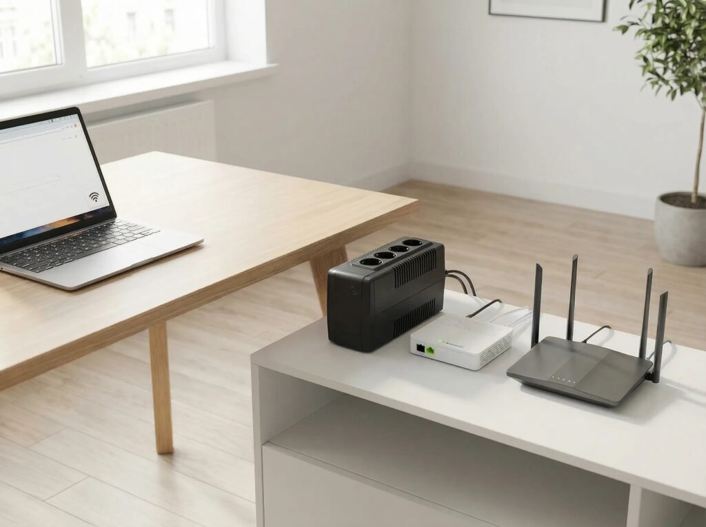 Wi-Fi router and modem powered by a backup power solution in an apartment during a power outage