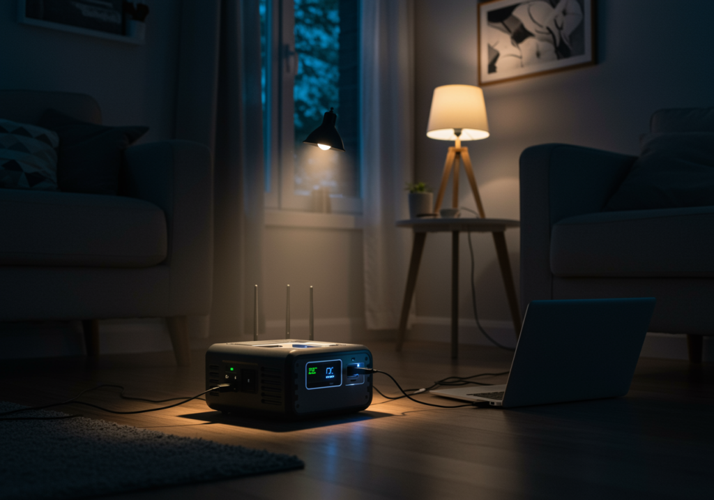 Portable power station powering a laptop and lights in an apartment during a blackout
